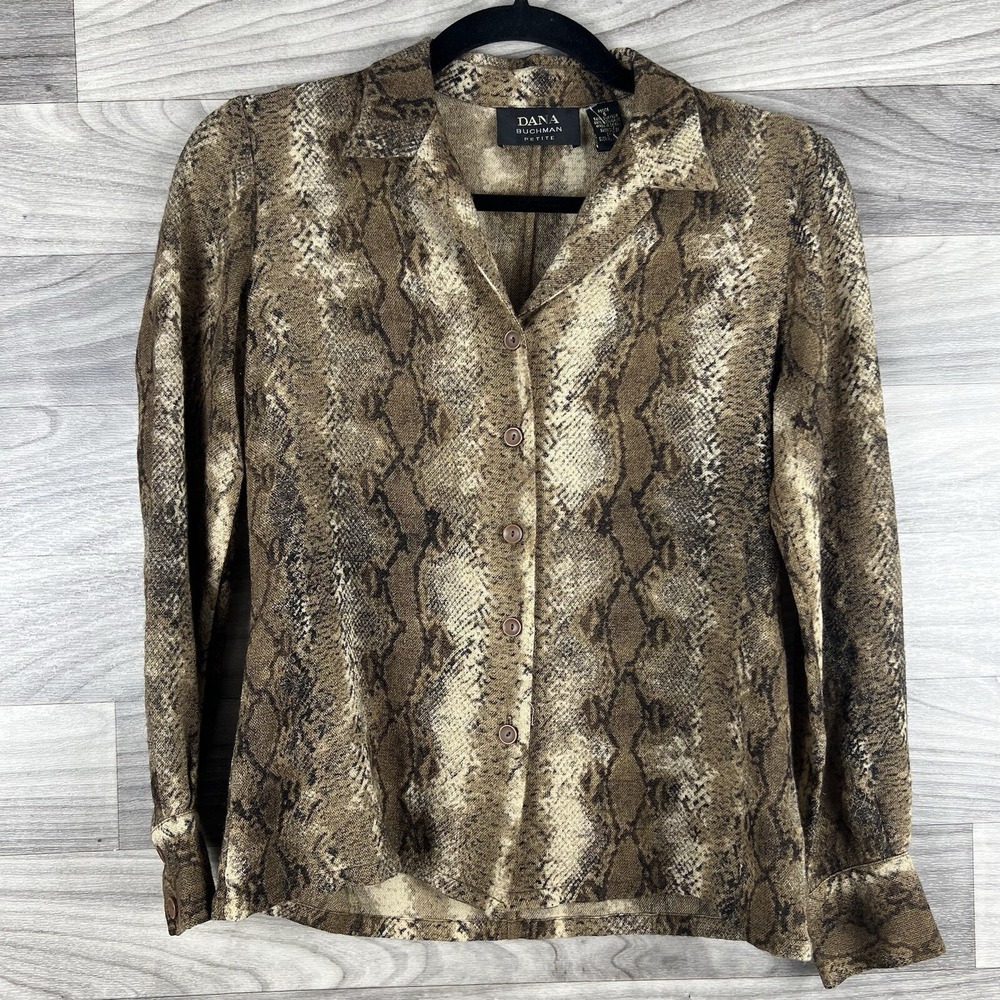 Dana Buchman Button Up Womens 6 Petite Brown Snake Print Long Sleeve V-Neck Silk
